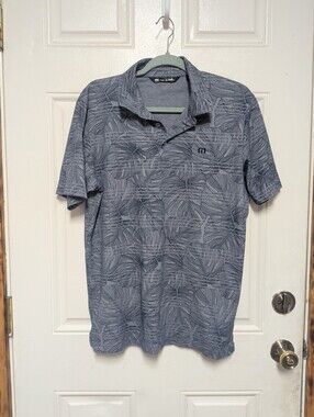 Travis Mathew Men's Polo Golf Shirt Size Medium Gray Blue Leaf Pattern